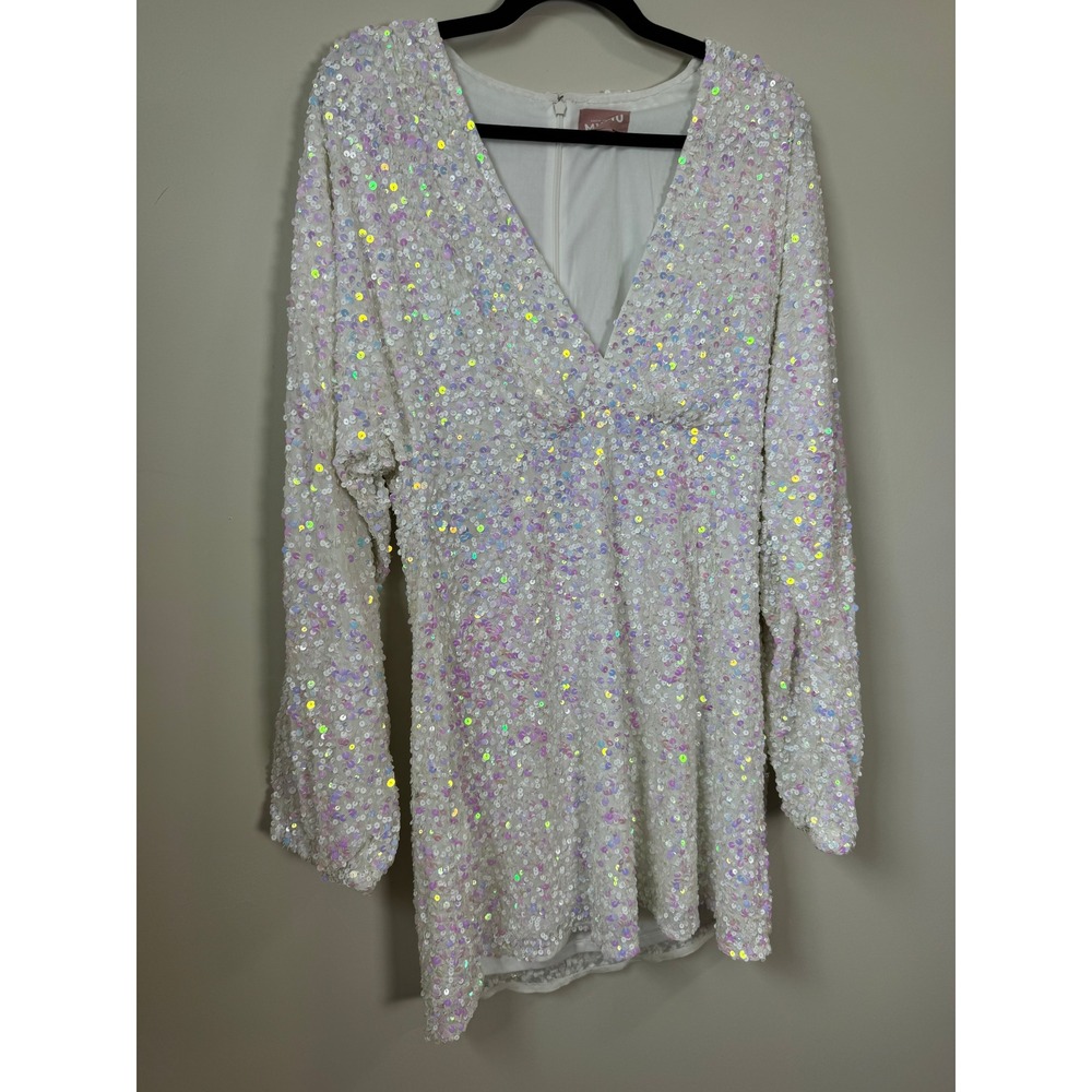 Show Me Your Mumu White Iridescent Sequin Mini Dress Long Sleeve V-Neck XL - Picture 6 of 7